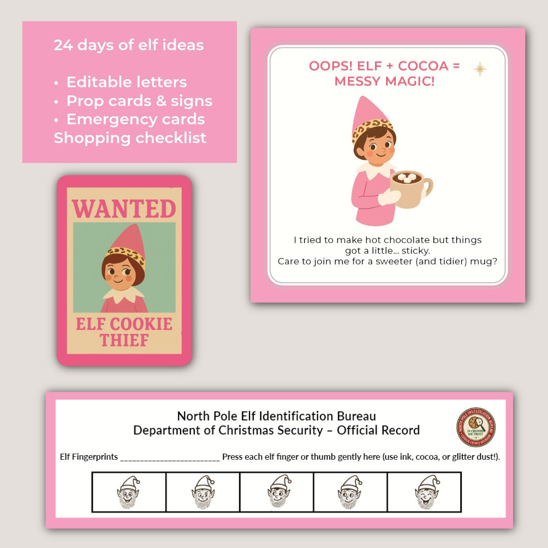 Pink Leopard Elf on the Shelf – 24 Day Planner (Santa Claus Edition)