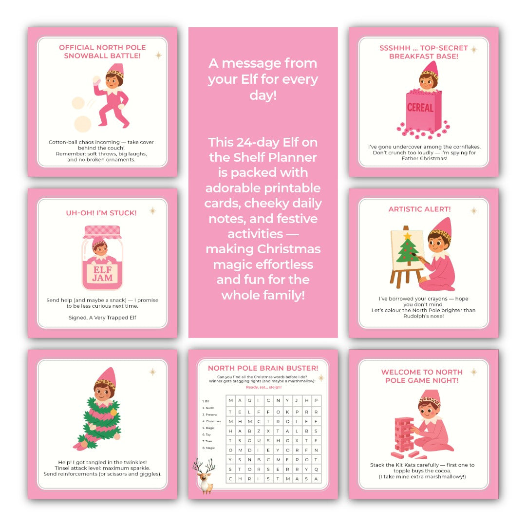 Pink Leopard Elf on the Shelf – 24 Day Planner (Santa Claus Edition)