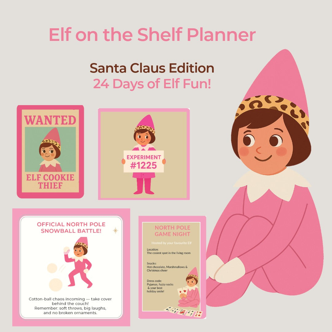 Pink Leopard Elf on the Shelf – 24 Day Planner (Santa Claus Edition)